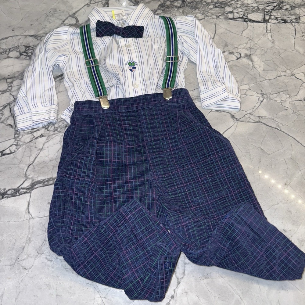 Vintage Baby Boys 12 Months Plaid Pants Suspenders Bow Tie Outfit Set Knickers